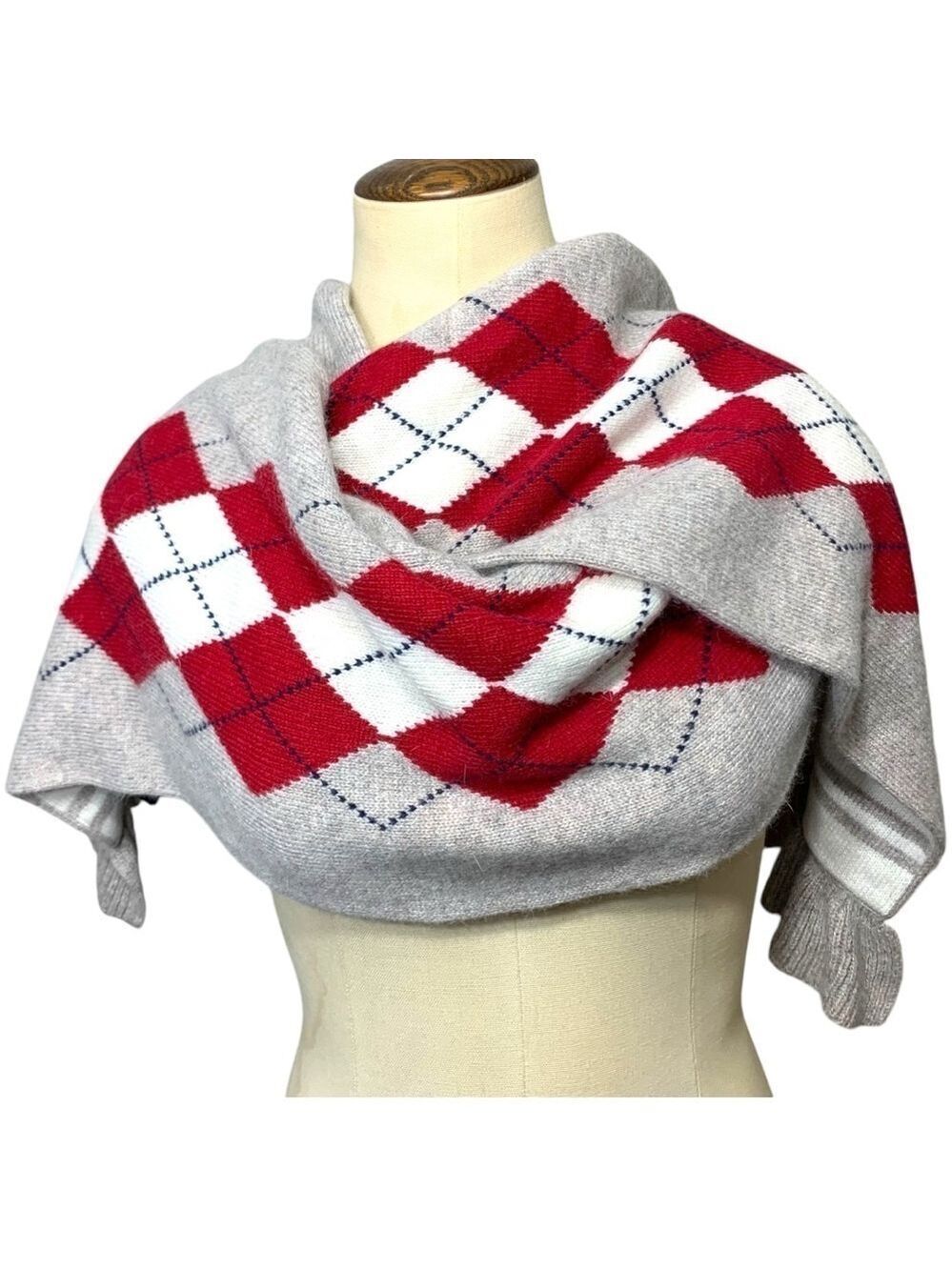 Tommy Hilfiger Knit Scarf Wrap O/S Tan red Scottish Plaid Wool Blend Ruffle Hem - Picture 4 of 13